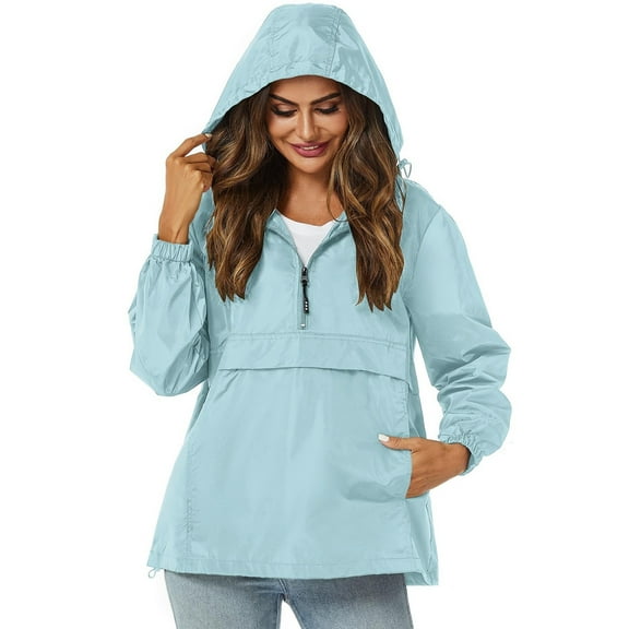 Womens Rain Jacket with Hood Pullover Packable Lightweight Windbreaker Waterproof Breathable Outdoor Jacket Light Blue XXL