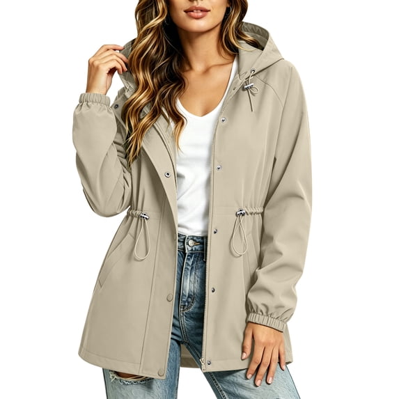 Womens Rain Jacket with Hood Softshell Warm Windbreaker Lightweight Drawstring Trench Raincoat Travel Outdoor Jackets with Pockets Khaki M