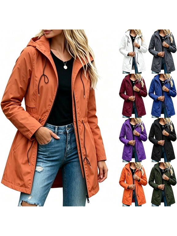 Womens Rain Jackets Fall Fashion Lightweight Long Raincoat with Hooded, Drawstring Waist, Zipper, Pocket, Waterproof Windbreaker Outdoor Trench Coats S-XXXL