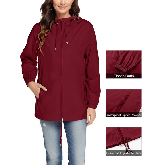 Womens Rain Jackets Waterproof Windbreaker Jackets lightweight Portable Rain Coat Wine XXL