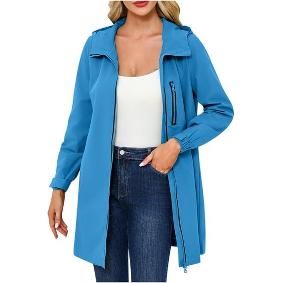 Womens Rain Jackets Waterproof with Hood Lightweight Solid Color Windbreaker Long Sleeved Outdoor Hooded Coats (Blue S)