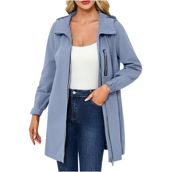 Womens Rain Jackets Waterproof with Hood Lightweight Solid Color Windbreaker Long Sleeved Outdoor Hooded Coats (Light Blue XL)