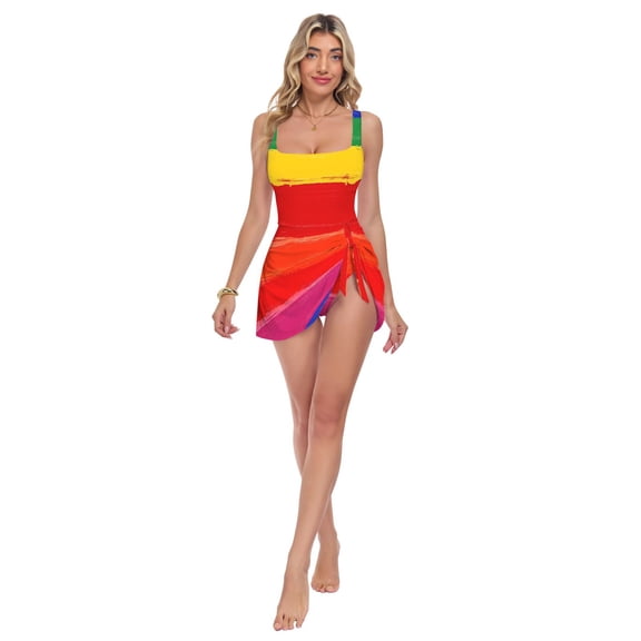 Womens Rainbow Brushstroke Pattern Print 2-in-1 Swim Dress Detachable Skirt One-Piece Swimsuit Square Neck S-XXL