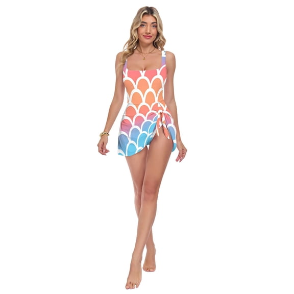 Womens Rainbow - Colored Mermaid - Scale Pattern Print 2-in-1 Swim Dress Detachable Skirt One-Piece Swimsuit Square Neck S-XXL