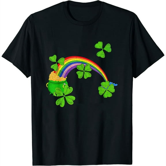 Womens Rainbow Lucky Four Leaf Irish Shamrock St Patricks Day T-Shirt Black Small