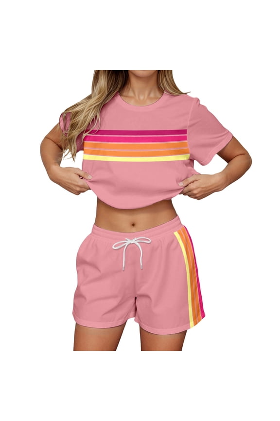 Womens Rainbow Striped 2 Piece Lounge Sets Casual Striped Color-Blocked Sweatshirt and Shorts Set Loungewear