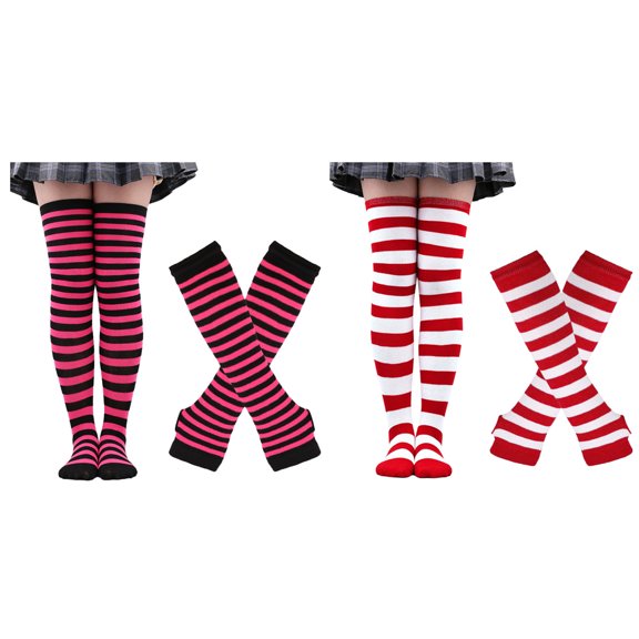 Womens Rainbow Striped Knee High Thigh High Socks Arm Warmers Set Fingerless Gloves Halloween Costume 2Pcs