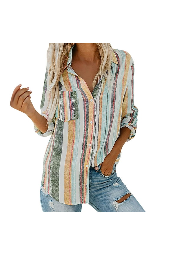 Womens Rainbow Striped Print Long Sleeve Tunic Tops with Pockets Single Breasted Lapel Blouses Loose Casual Shirts
