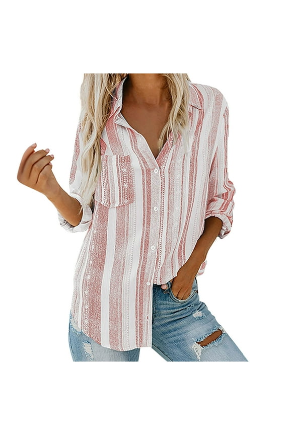 Womens Rainbow Striped Print Long Sleeve Tunic Tops with Pockets Single Breasted Lapel Blouses Loose Casual Shirts