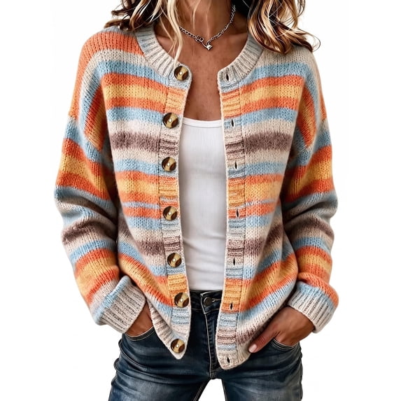 Womens Rainbow Striped Sweater Button Down Cardigan Sweaters Long Sleeve Knit Open Front Sweaters Pullover Cozy Lightweight Colorful Stripes Sweaters Pullover Loose Fit Warm Outfits