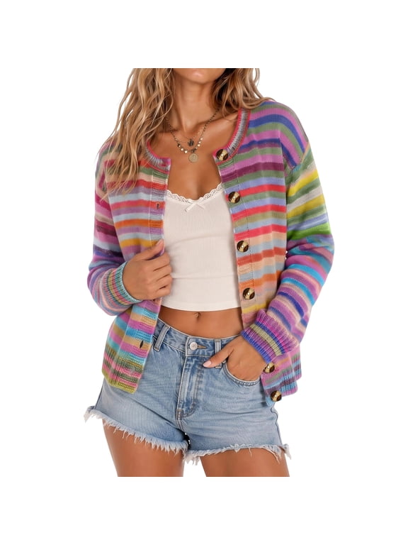 Womens Rainbow Striped Sweater Button Down Cardigan Sweaters Long Sleeve Ribbed Knit Sweaters Pullover Cozy Lightweight Colorful Stripes Pullover Sweaters Loose Fit Warm Clothes