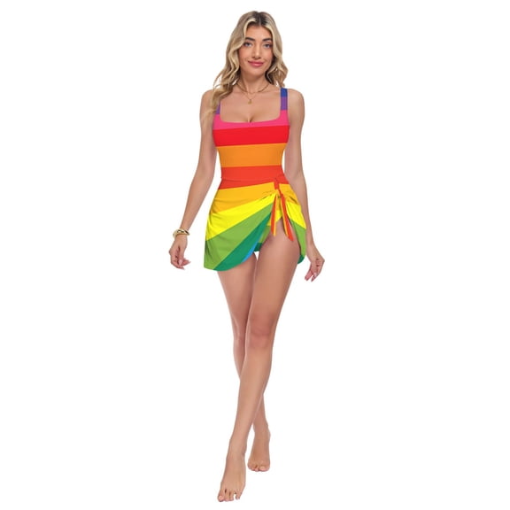 Womens Rainbow Stripes Pattern Print 2-in-1 Swim Dress Detachable Skirt One-Piece Swimsuit Square Neck S-XXL