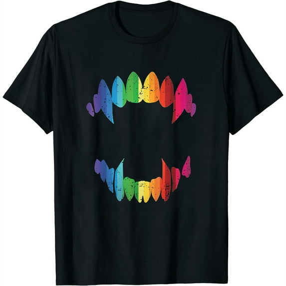 Womens Rainbow Vampire Teeth Halloween Costume T-Shirt Black Small
