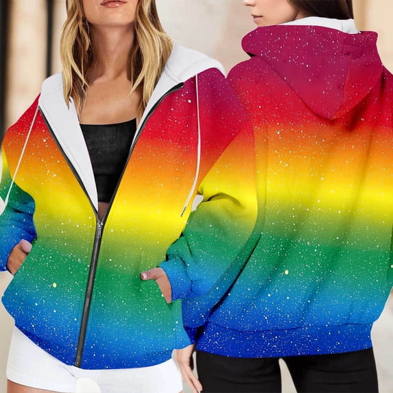 Womens Rainbow Zip Up Hoodies 2026 Y2K Casual Cozy Sweatshirt Long Sleeve Drawstring Pullover Casual Track Jackets with Pockets Multicolour S-5XL