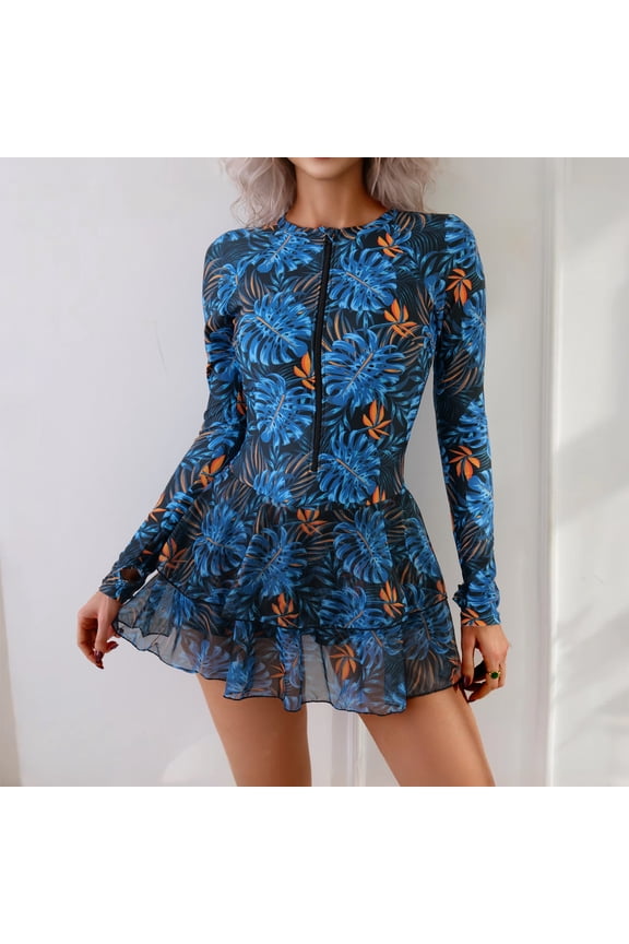 Womens Rash Guard Long Sleeve UPF 50+ Zip Up One Piece Swimsuits with Shorts Modest Swim Dress with Built in Bra