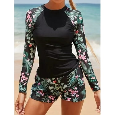 Womens Rash Guard UV UPF 50+ Long Sleeve Surfing Two Piece Swimsuits with Built in Bra