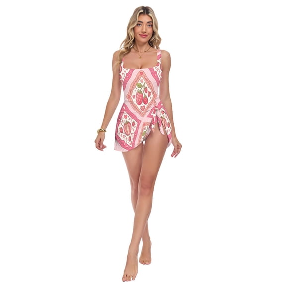 Womens Raspberry Plaid Pattern Print 2-in-1 Swim Dress Detachable Skirt One-Piece Swimsuit Square Neck S-XXL