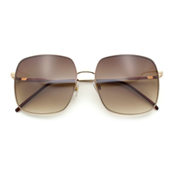 Womens Rectangle Exposed Lens Edge Thin Metal Rim Designer Fashion Sunglasses Gold Brown - Brown