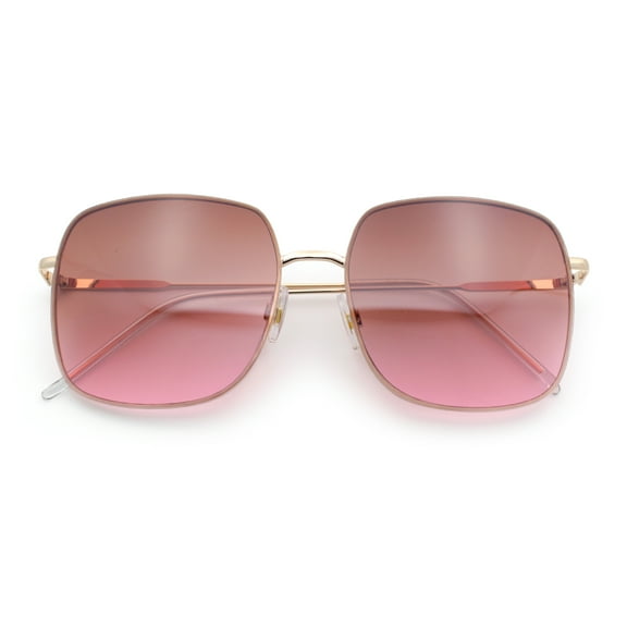 Womens Rectangle Exposed Lens Edge Thin Metal Rim Designer Fashion Sunglasses Gold - Pink