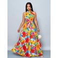 thumbnail image 1 of Womens Red Allover Tropical Floral Print Halter Neck Maxi Dress With Self-Tie Belt, Flowing Vacation Style, 1 of 8