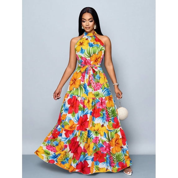 Womens Red Allover Tropical Floral Print Halter Neck Maxi Dress With Self-Tie Belt, Flowing Vacation Style