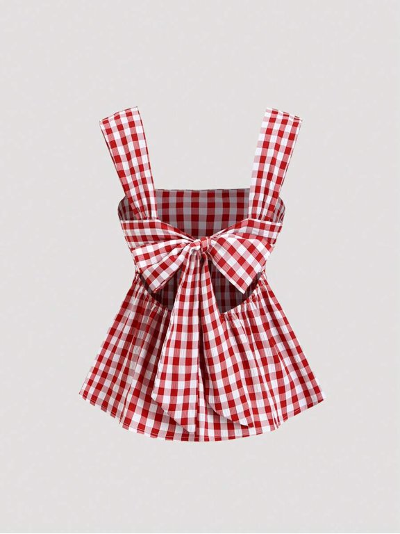 Womens Red And White Plaid Bow Tie Back A-Line Summer Top