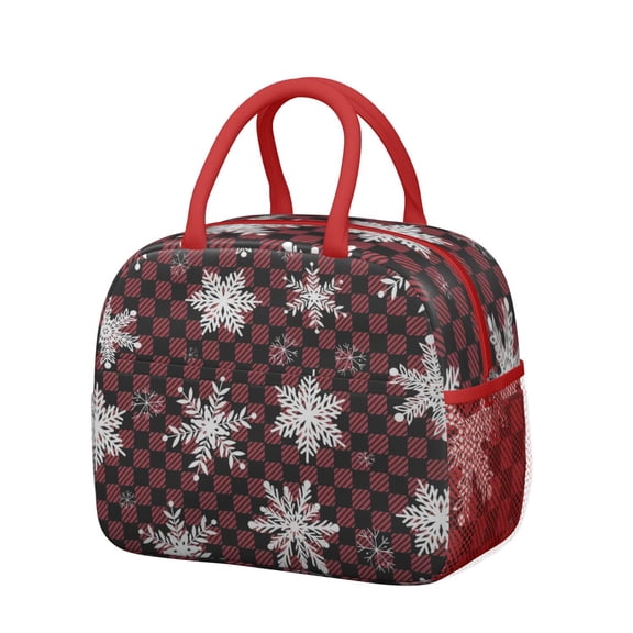 Womens Red and Black Checkered Christmas Snowflake Pattern Lunch Box for Work,Insulated Lunch Bag for Women,Loncheras Para Mujer,Leakproof Adult Lunch Bag for Work,Beach,Travel,Picnic,Camping