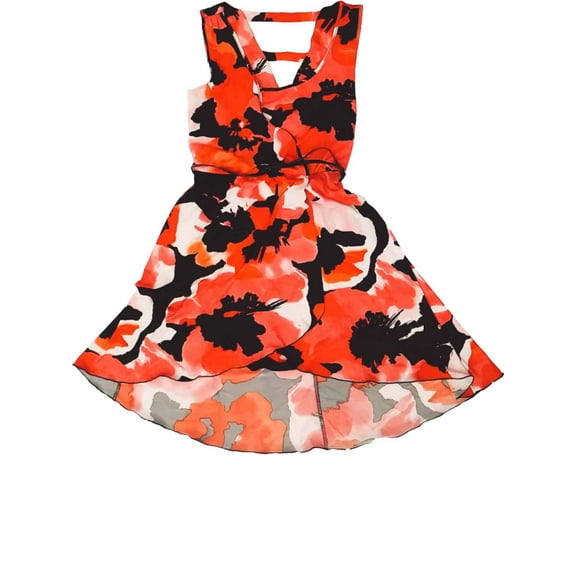 Womens Red Black White Floral Fit & Flare Dress High Lo Sundress