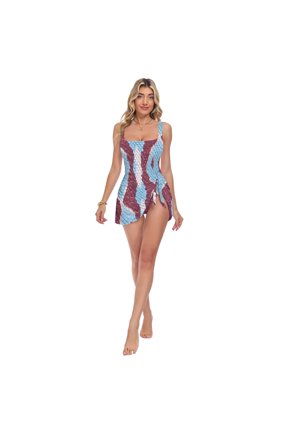 Womens Red Blue Python Pattern Print 2-in-1 Swim Dress Detachable Skirt One-Piece Swimsuit Square Neck S-XXL