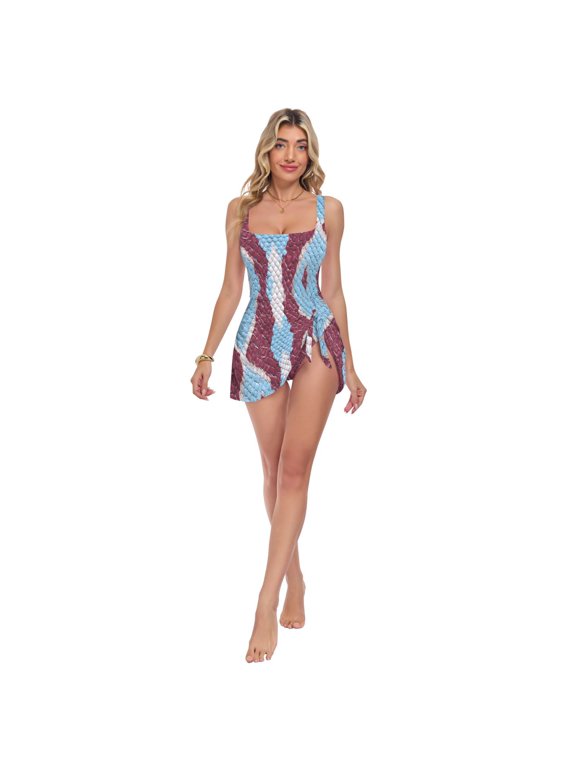 Womens Red Blue Python Pattern Print 2-in-1 Swim Dress Detachable Skirt One-Piece Swimsuit Square Neck S-XXL