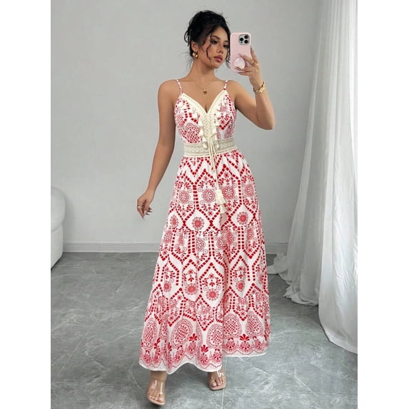 Womens Red Boho Maxi Dress With Lace Tassel Detail