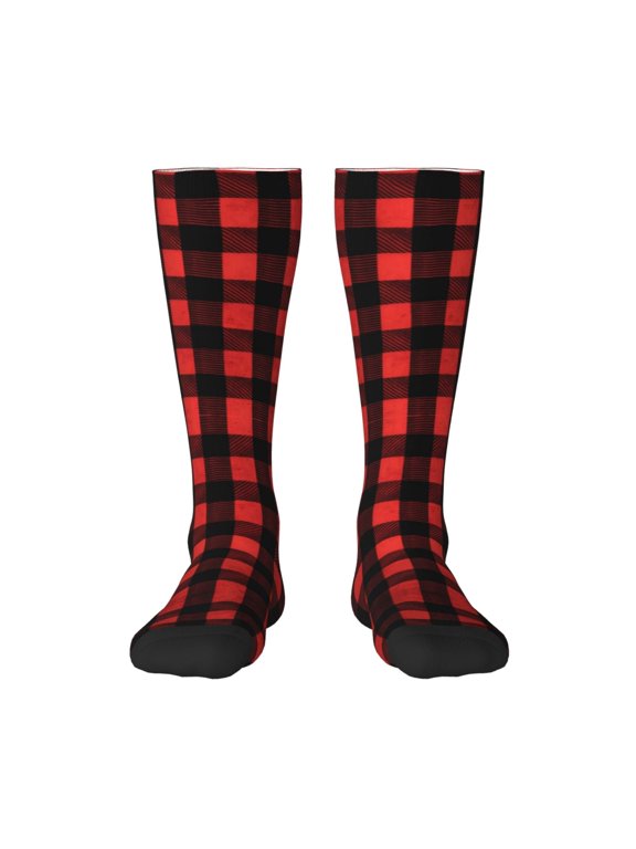 Womens Red Buffalo Plaid Print Knee High Socks Comfy Thermal Boot Long Socks