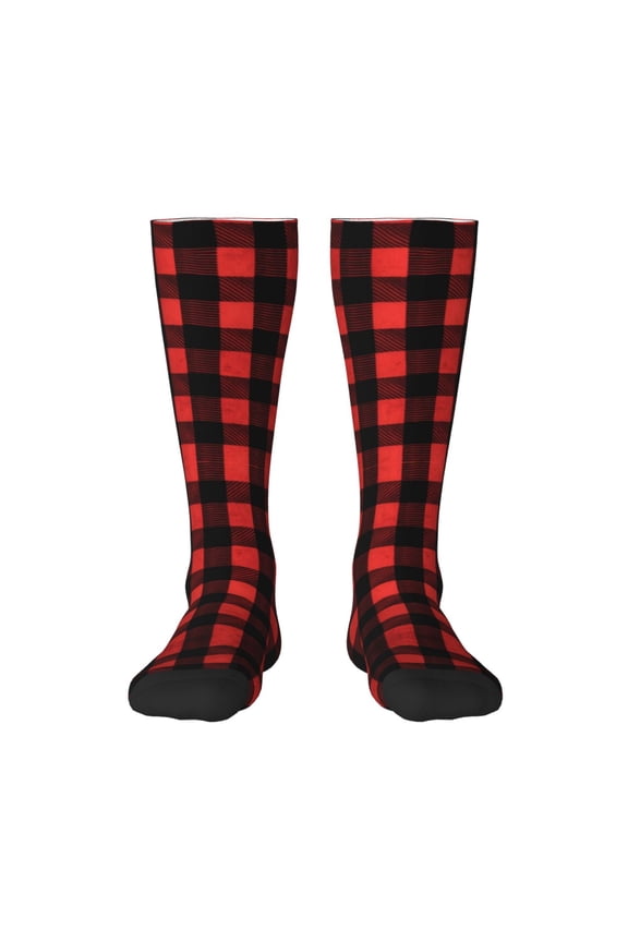 Womens Red Buffalo Plaid Print Knee High Socks Comfy Thermal Boot Long Socks