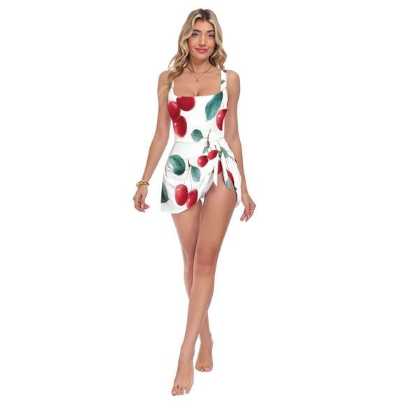 Womens Red Cherry Leaves Pattern Print 2-in-1 Swim Dress Detachable Skirt One-Piece Swimsuit Square Neck S-XXL