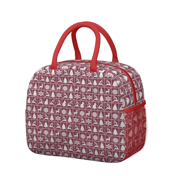 Womens Red Christmas Deer and Tree Pattern Lunch Box for Work,Insulated Lunch Bag for Women,Loncheras Para Mujer,Leakproof Adult Lunch Bag for Work,Beach,Travel,Picnic,Camping