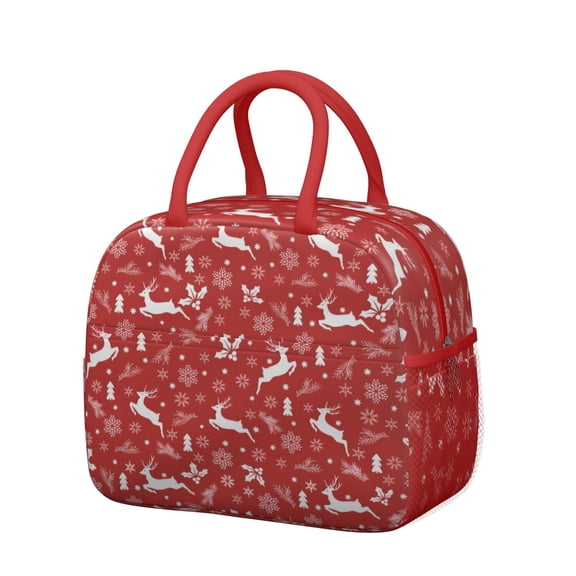 Womens Red Christmas Reindeer and Snowflake Pattern Lunch Box for Work,Insulated Lunch Bag for Women,Loncheras Para Mujer,Leakproof Adult Lunch Bag for Work,Beach,Travel,Picnic,Camping