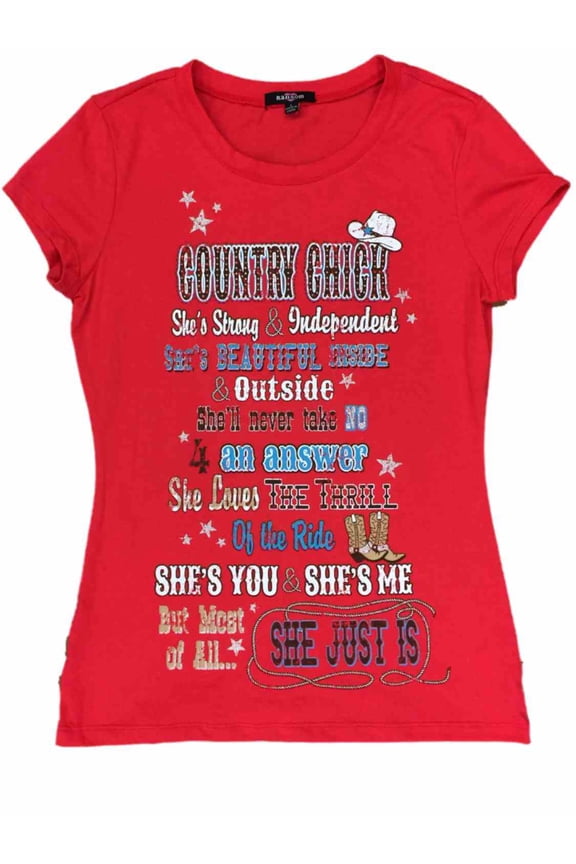 Womens Red Country Chick Cowboy Boots & Hat Glitter & Sparkle Tee Shirt T-Shirt