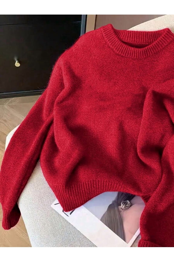 Womens Red Crew Neck Sweater, Soft Fluffy Mohair, Loose Fit Knit Top