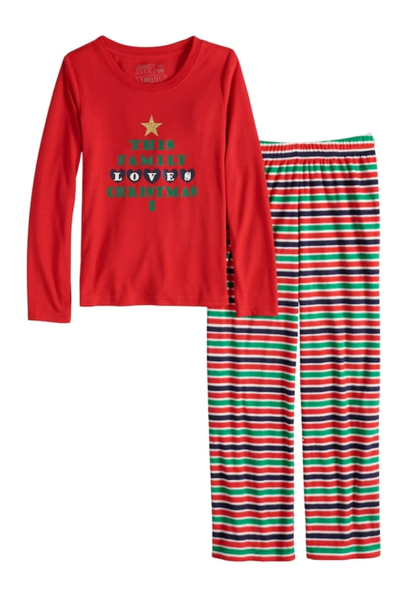 Womens Red Family Loves Christmas Tree Fleece Pajamas Holiday Sleep Set