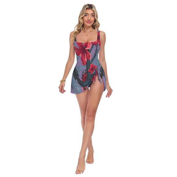 Womens Red Flower Boat Anchor Print 2-in-1 Swim Dress Detachable Skirt One-Piece Swimsuit Square Neck S-XXL