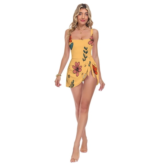 Womens Red Flower Leaves Pattern Print 2-in-1 Swim Dress Detachable Skirt One-Piece Swimsuit Square Neck S-XXL