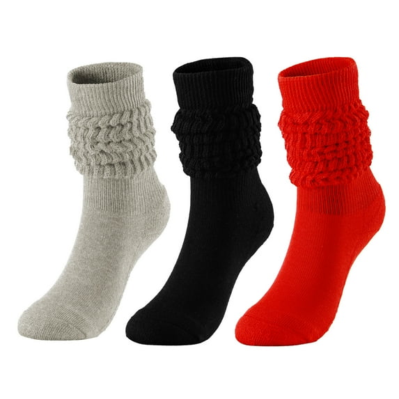 Womens Red Frilly Crew Socks 3-Pair, Ruffle Mid-Calf Casual Socks, One Size Fits Most 5-9, 100% Polyester,Size Free Size