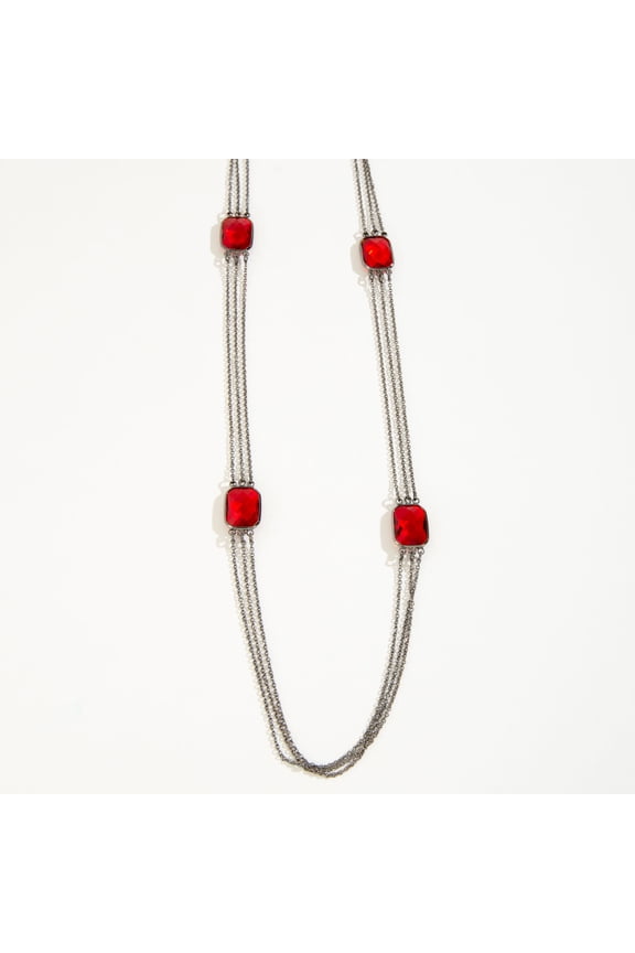 Womens Red Gemstone Silver Long Station Necklace by Howard's