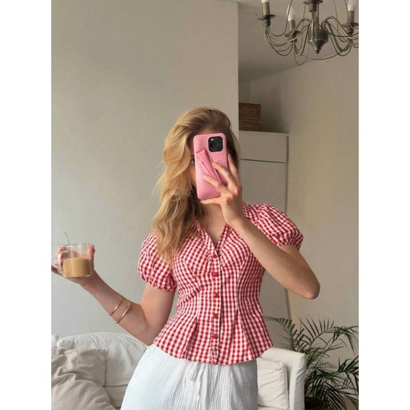 Womens Red Gingham Casual Shirt With Puff Sleeves And Collar
