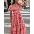 thumbnail image 1 of Womens Red Gingham Plaid Boho Midi Dress With Puff Sleeves Cinched Waist &, 1 of 6