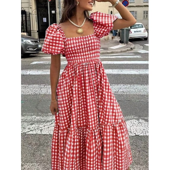 Womens Red Gingham Plaid Boho Midi Dress With Puff Sleeves Cinched Waist &