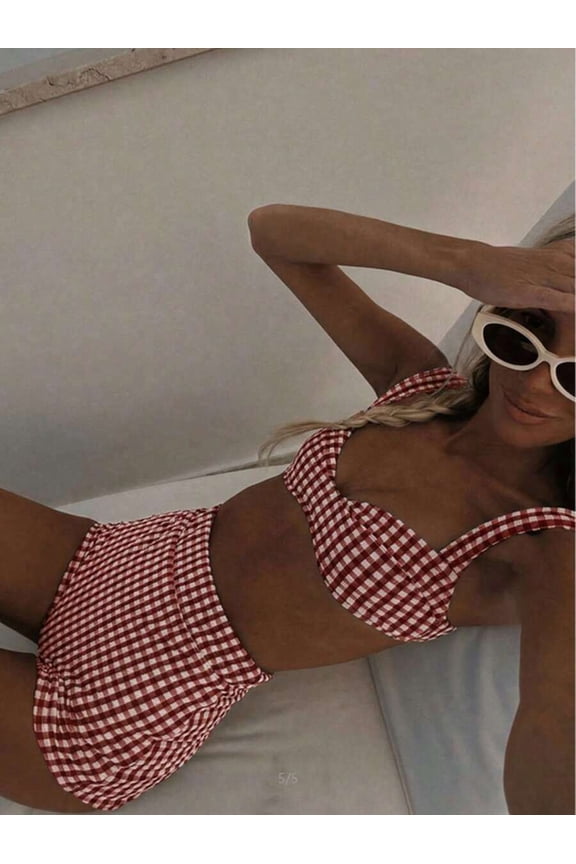 Womens Red Gingham Retro Two-Piece Bikini Set, Wide Strap High-Waisted Swim Shorts
