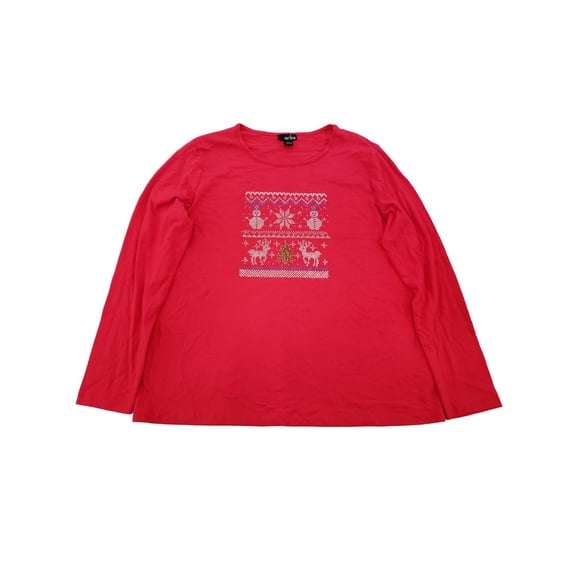Womens Red Glitter Sparkle Christmas Xmas Holiday Long Sleeve T-Shirt Top XL