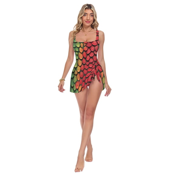 Womens Red Green Crocodile Pattern Print 2-in-1 Swim Dress Detachable Skirt One-Piece Swimsuit Square Neck S-XXL