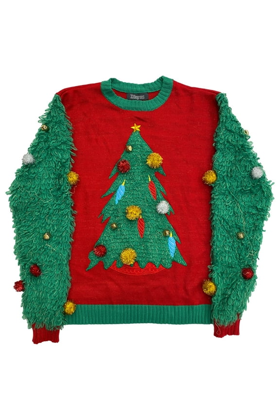 Womens Red & Green Pom Pom Jingle Bell Christmas Tree Holiday Sweater Large